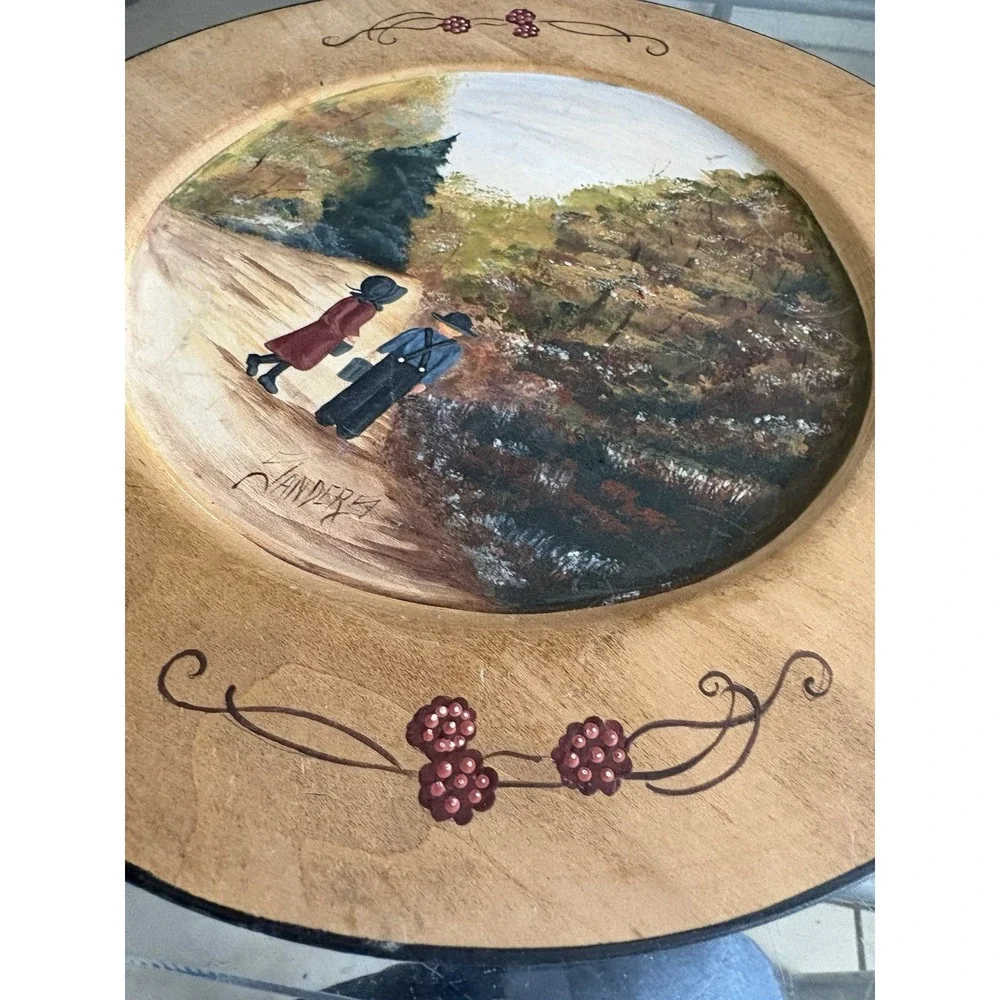 VTG Hand Painted Wooden Plate Amish Children Autumn Fall Scene Signed Sanders 94